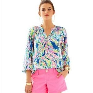 Lilly Pulitzer Elsa silk blouse in Indigo Palm-XS